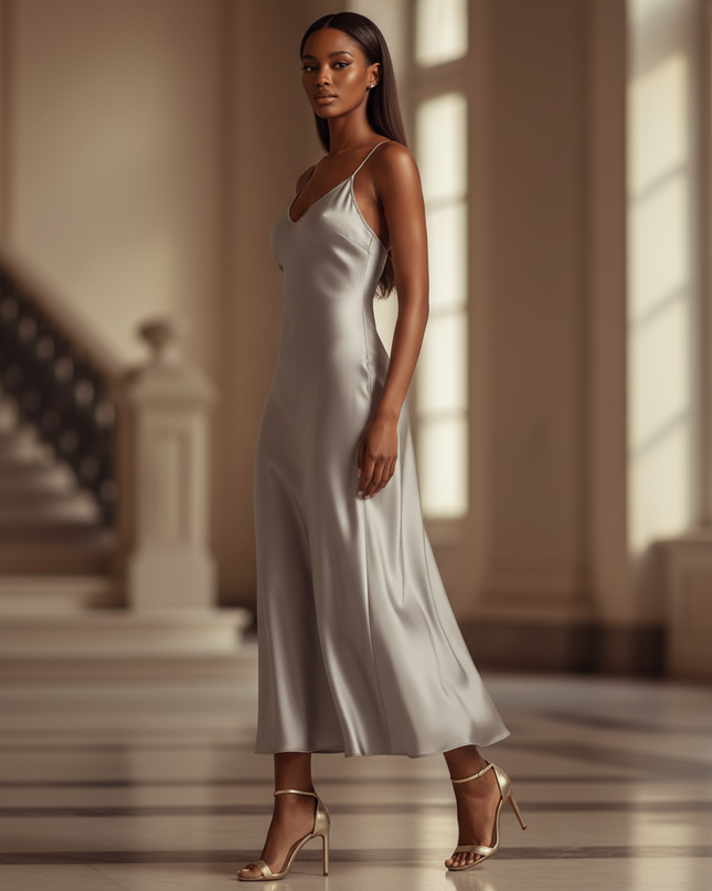 Satin Kleid - Satinkleid Lang Silber - Maxikleid Spaghettitrager - Ansicht 3