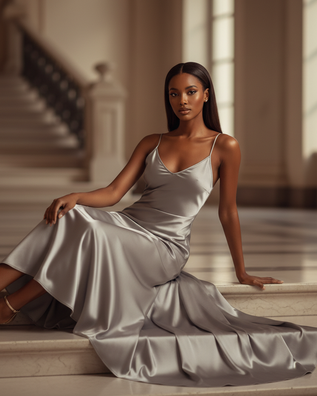Satin Kleid - Satinkleid Lang Silber - Maxikleid Spaghettitrager - Ansicht 5