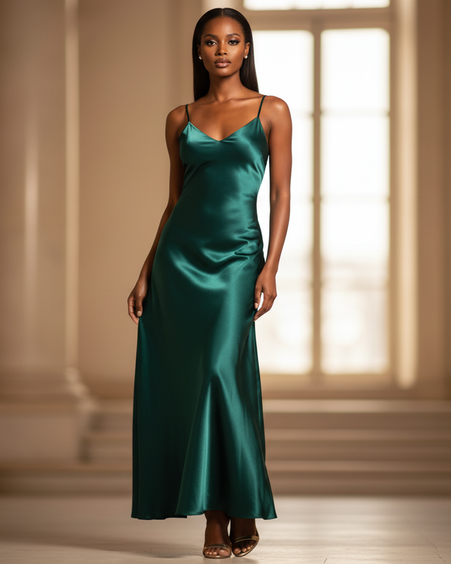 Satin Kleid - Satinkleid Lang Smaragdgruen - Maxikleid Satin - Ansicht 1
