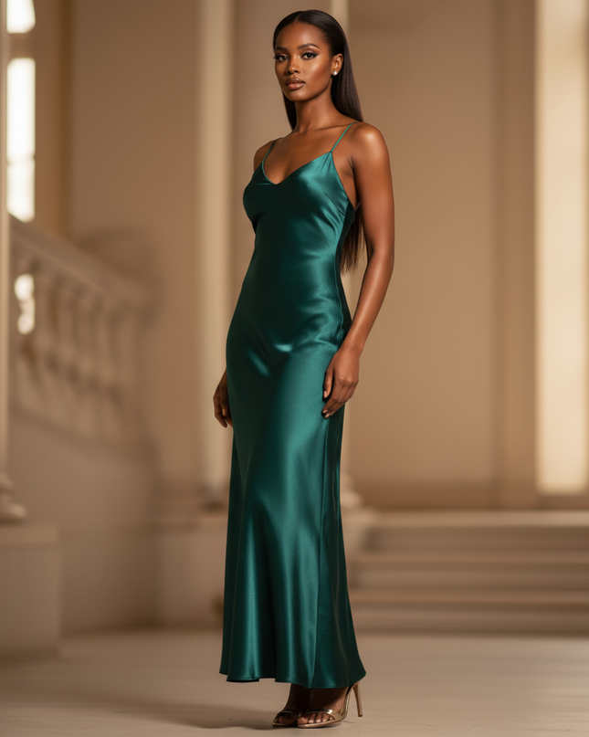 Satin Kleid - Satinkleid Lang Smaragdgruen - Maxikleid Satin - Ansicht 3
