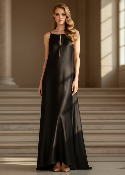 Satin Kleid - Satinkleid Lang Spaghettitrager Schwarz - Maxikleid - Ansicht 1