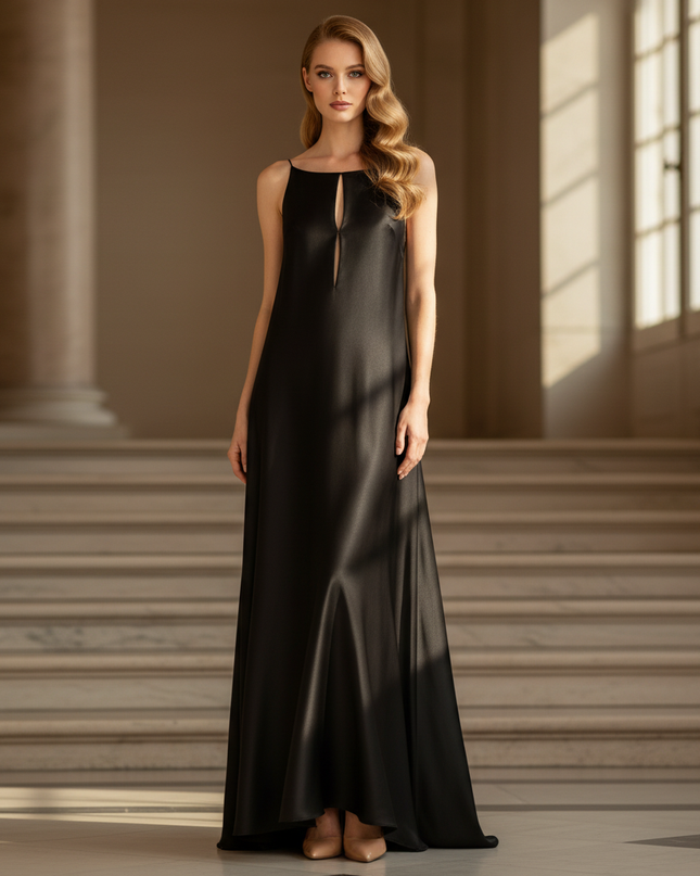 Satin Kleid - Satinkleid Lang Spaghettitrager Schwarz - Maxikleid - Ansicht 1