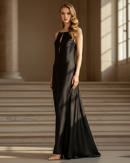 Satin Kleid - Satinkleid Lang Spaghettitrager Schwarz - Maxikleid - Ansicht 3