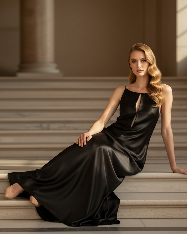 Satin Kleid - Satinkleid Lang Spaghettitrager Schwarz - Maxikleid - Ansicht 5