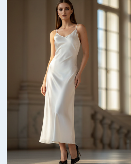 Satin Kleid - Satinkleid Lang Spaghettitrager Weiss - Ivory Maxikleid - Ansicht 1