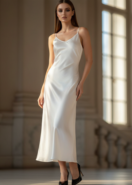 Satin Kleid - Satinkleid Lang Spaghettitrager Weiss - Ivory Maxikleid - Ansicht 1