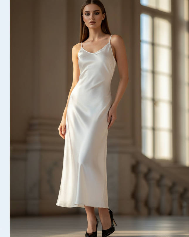 Satin Kleid - Satinkleid Lang Spaghettitrager Weiss - Ivory Maxikleid - Ansicht 1