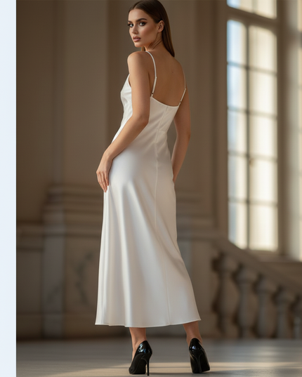 Satin Kleid - Satinkleid Lang Spaghettitrager Weiss - Ivory Maxikleid - Ansicht 2
