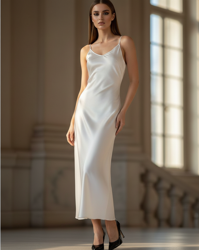 Satin Kleid - Satinkleid Lang Spaghettitrager Weiss - Ivory Maxikleid - Ansicht 3