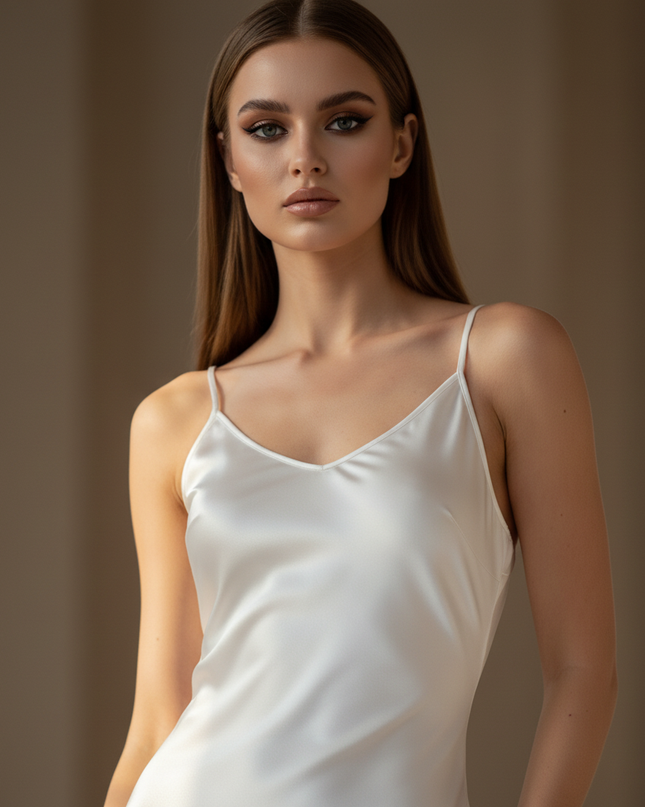 Satin Kleid - Satinkleid Lang Spaghettitrager Weiss - Ivory Maxikleid - Ansicht 4