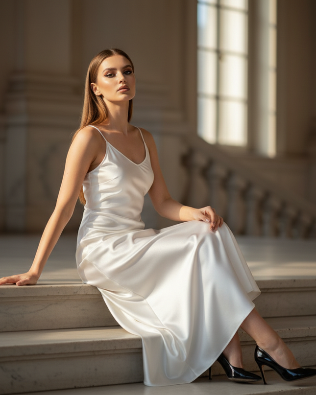 Satin Kleid - Satinkleid Lang Spaghettitrager Weiss - Ivory Maxikleid - Ansicht 5