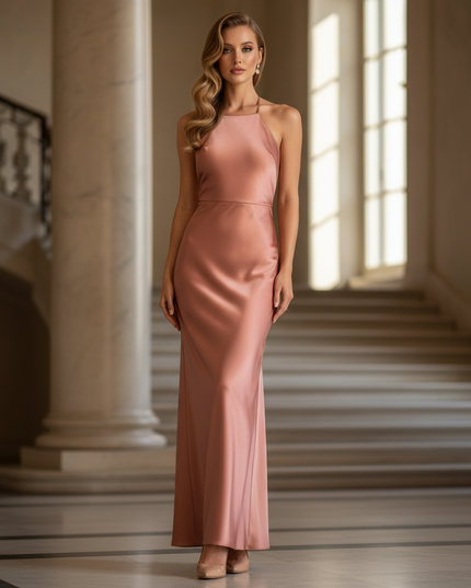 Satin Kleid - Satinkleid Lang Terrakotta - Maxikleid Halter - Ansicht 1