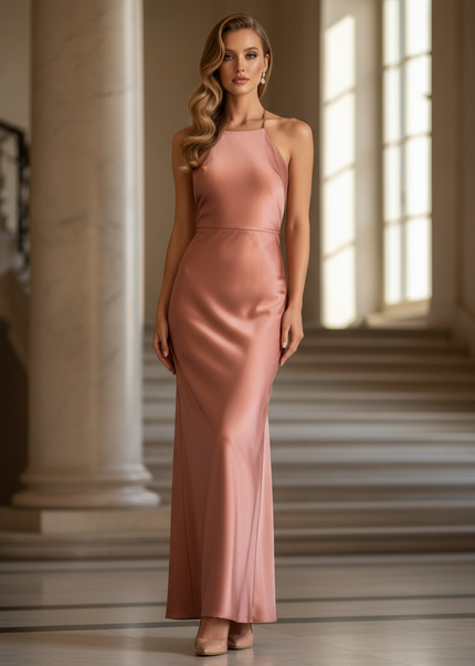 Satin Kleid - Satinkleid Lang Terrakotta - Maxikleid Halter - Ansicht 1
