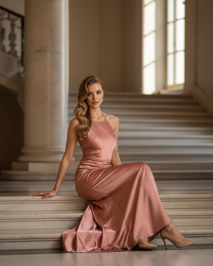 Satin Kleid - Satinkleid Lang Terrakotta - Maxikleid Halter - Ansicht 5