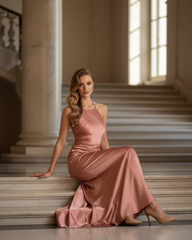 Satin Kleid - Satinkleid Lang Terrakotta - Maxikleid Halter - Ansicht 5