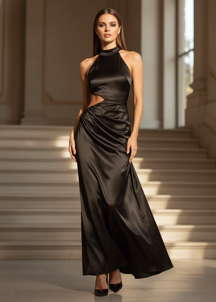 Satin Kleid - Satinkleid Lang Traeger Schwarz - Maxikleid Halter Cutout - Ansicht 1