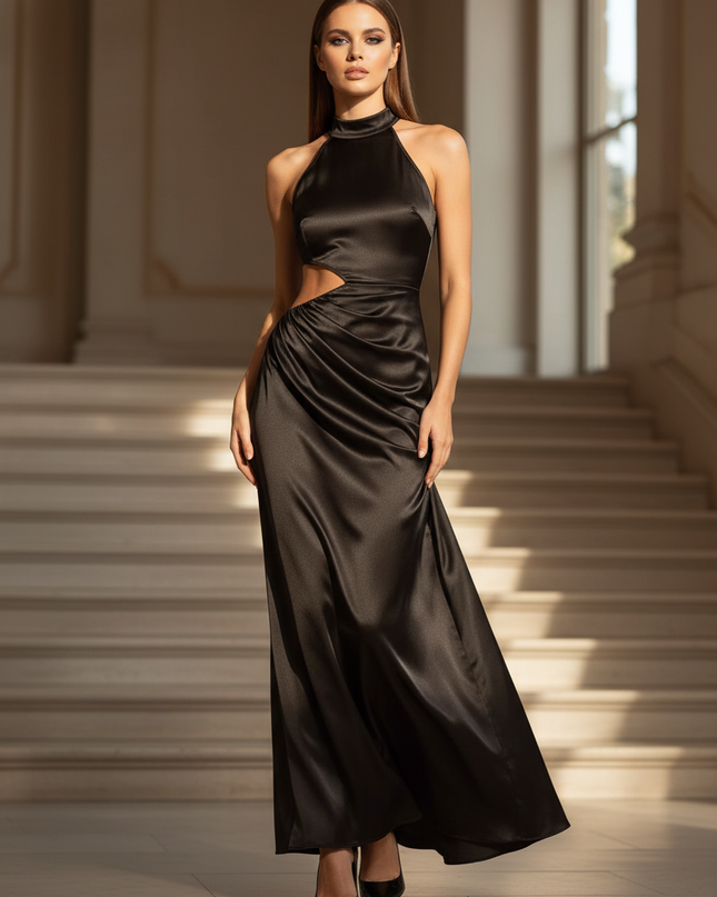 Satin Kleid - Satinkleid Lang Traeger Schwarz - Maxikleid Halter Cutout - Ansicht 1