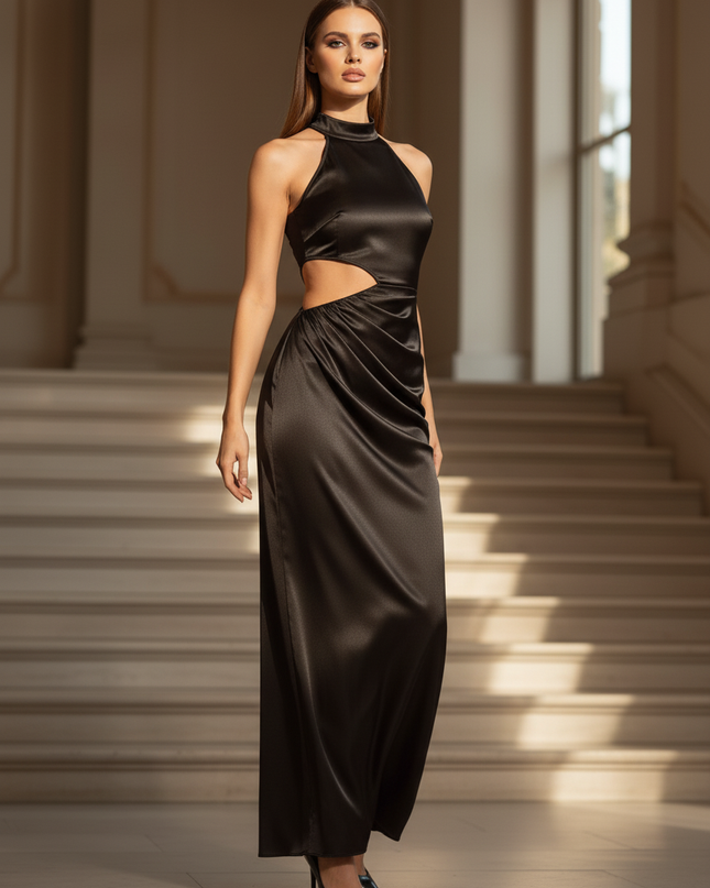 Satin Kleid - Satinkleid Lang Traeger Schwarz - Maxikleid Halter Cutout - Ansicht 3
