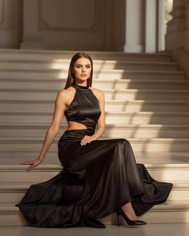 Satin Kleid - Satinkleid Lang Traeger Schwarz - Maxikleid Halter Cutout - Ansicht 5