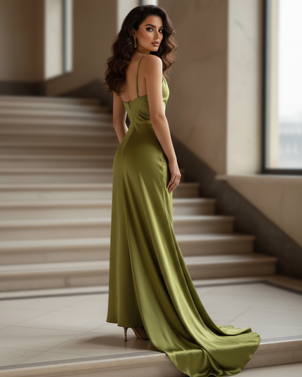 Satin Kleid - Satinkleid Lang V-Ausschnitt Gruen - Maxikleid Olive - Ansicht 2