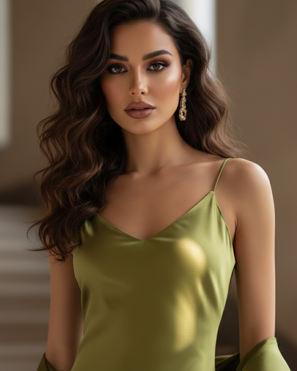 Satin Kleid - Satinkleid Lang V-Ausschnitt Gruen - Maxikleid Olive - Ansicht 4