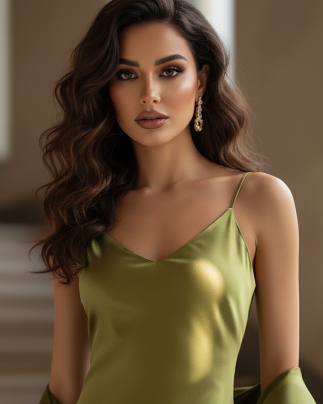 Satin Kleid - Satinkleid Lang V-Ausschnitt Gruen - Maxikleid Olive - Ansicht 4