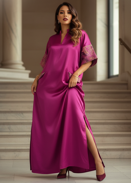 Satin Kleid - Satinkleid Lang V-Ausschnitt Rosa - Maxikleid - Ansicht 1