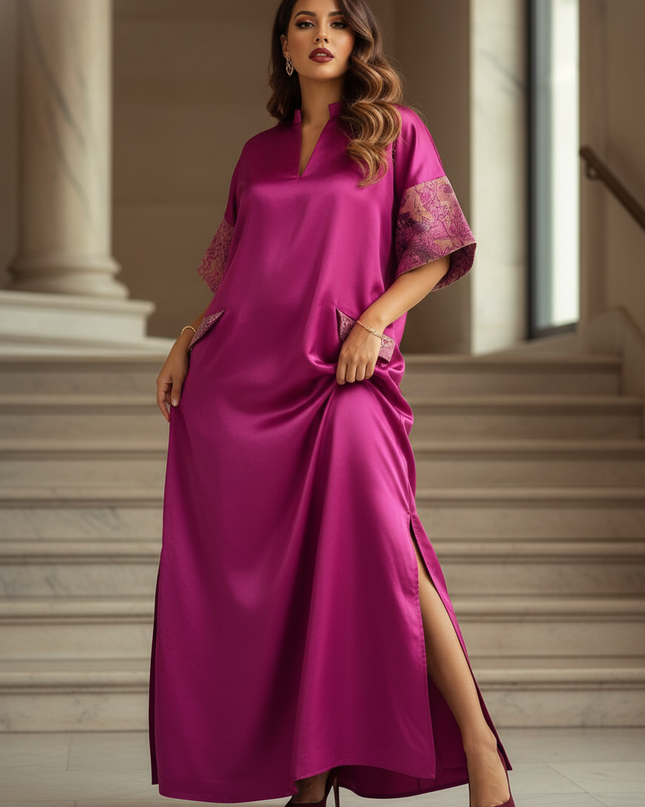 Satin Kleid - Satinkleid Lang V-Ausschnitt Rosa - Maxikleid - Ansicht 1