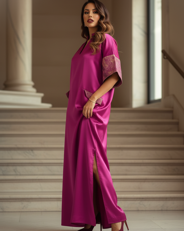 Satin Kleid - Satinkleid Lang V-Ausschnitt Rosa - Maxikleid - Ansicht 3