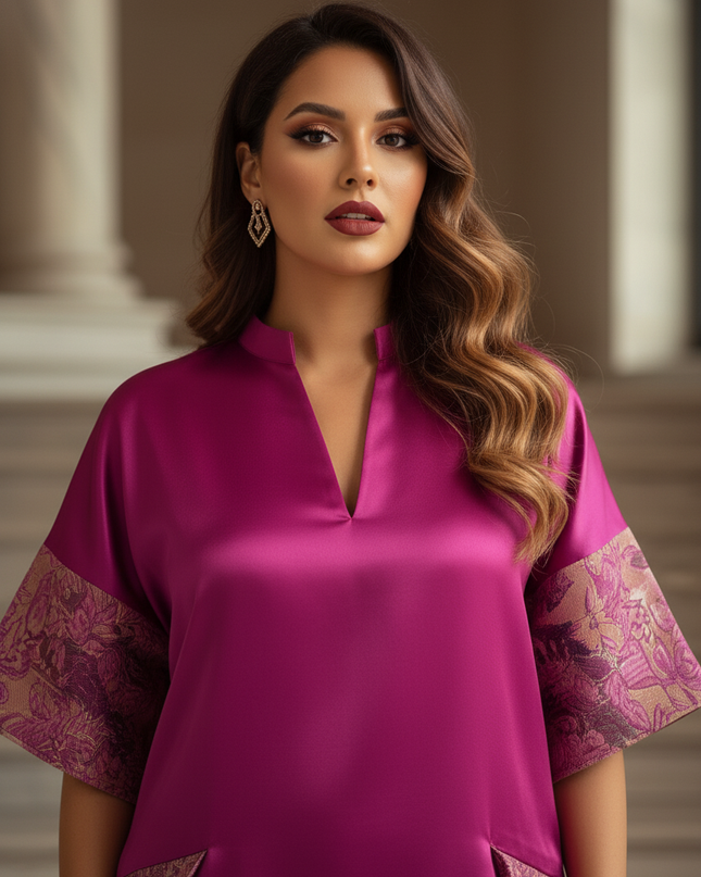 Satin Kleid - Satinkleid Lang V-Ausschnitt Rosa - Maxikleid - Ansicht 4