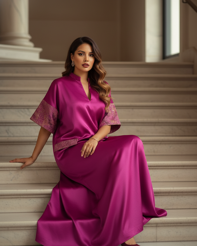 Satin Kleid - Satinkleid Lang V-Ausschnitt Rosa - Maxikleid - Ansicht 5