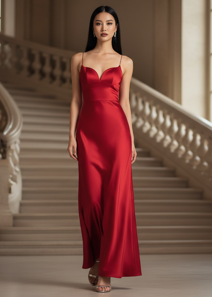 Satin Kleid - Satinkleid Lang V-Ausschnitt Rot - Rotes Maxikleid Satin - Ansicht 1
