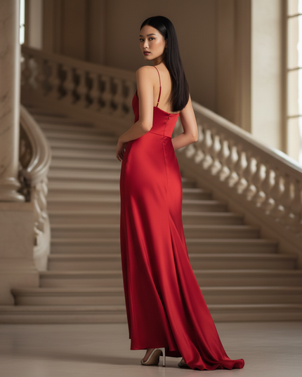 Satin Kleid - Satinkleid Lang V-Ausschnitt Rot - Rotes Maxikleid Satin - Ansicht 2