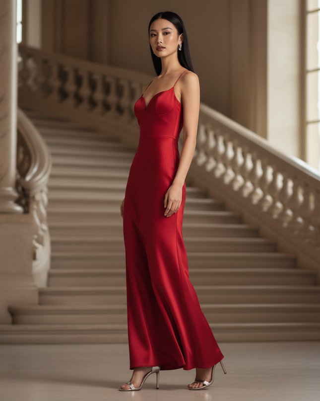 Satin Kleid - Satinkleid Lang V-Ausschnitt Rot - Rotes Maxikleid Satin - Ansicht 3