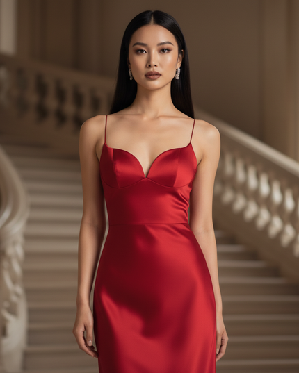 Satin Kleid - Satinkleid Lang V-Ausschnitt Rot - Rotes Maxikleid Satin - Ansicht 4
