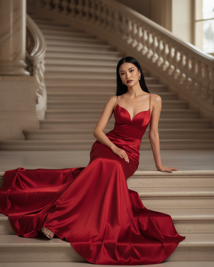 Satin Kleid - Satinkleid Lang V-Ausschnitt Rot - Rotes Maxikleid Satin - Ansicht 5