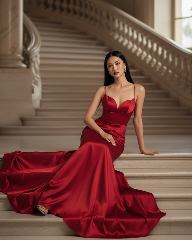 Satin Kleid - Satinkleid Lang V-Ausschnitt Rot - Rotes Maxikleid Satin - Ansicht 5