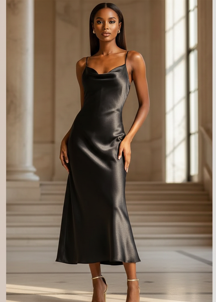Satin Kleid - Satinkleid Lang V-Ausschnitt Schwarz - Maxikleid - Ansicht 1