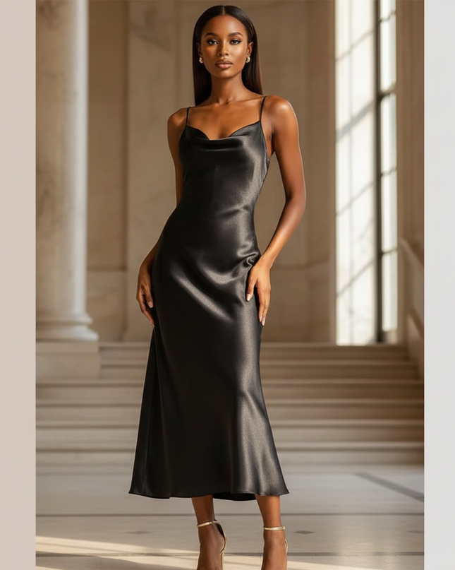 Satin Kleid - Satinkleid Lang V-Ausschnitt Schwarz - Maxikleid - Ansicht 1