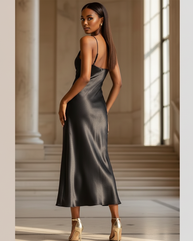 Satin Kleid - Satinkleid Lang V-Ausschnitt Schwarz - Maxikleid - Ansicht 2