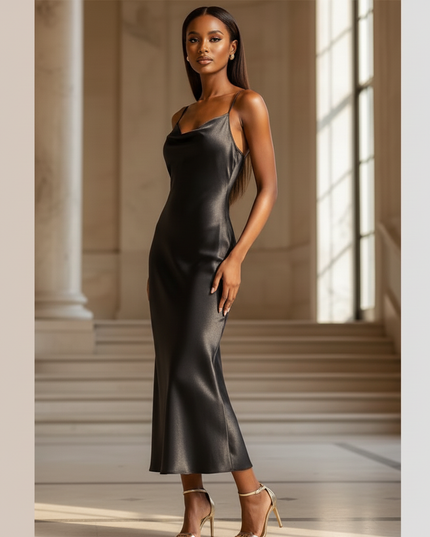 Satin Kleid - Satinkleid Lang V-Ausschnitt Schwarz - Maxikleid - Ansicht 3