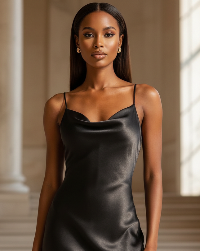 Satin Kleid - Satinkleid Lang V-Ausschnitt Schwarz - Maxikleid - Ansicht 4