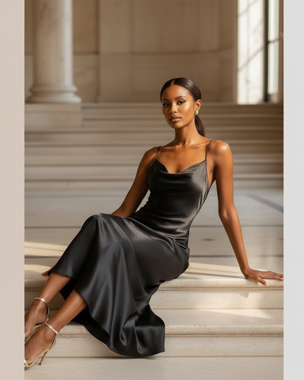 Satin Kleid - Satinkleid Lang V-Ausschnitt Schwarz - Maxikleid - Ansicht 5