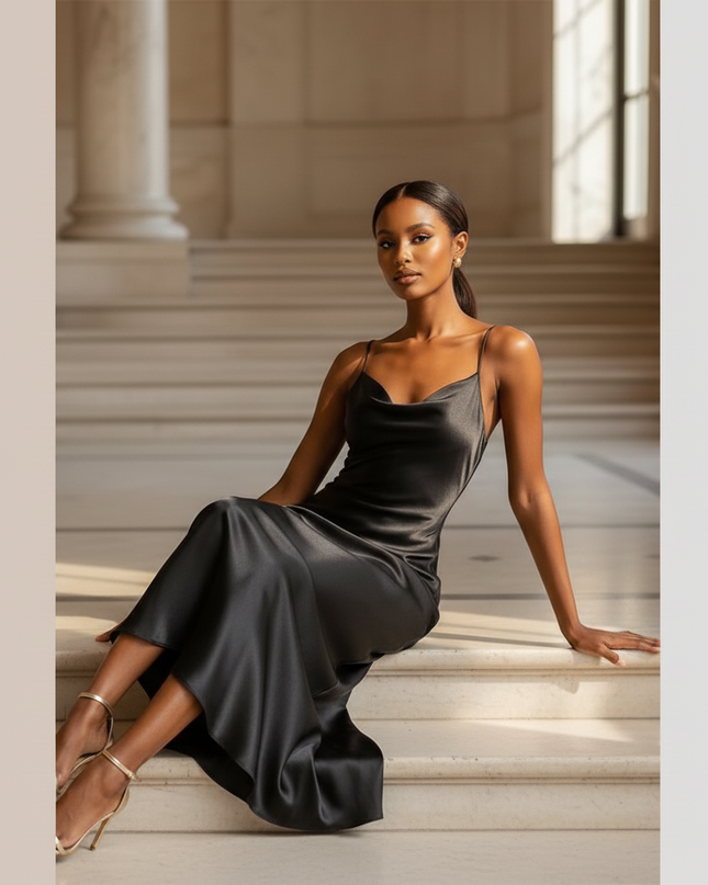 Satin Kleid - Satinkleid Lang V-Ausschnitt Schwarz - Maxikleid - Ansicht 5