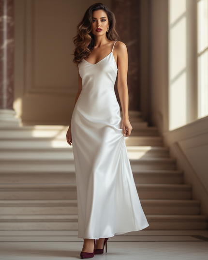 Satin Kleid - Satinkleid Lang Weiss - Maxikleid Satin V-Ausschnitt - Ansicht 1