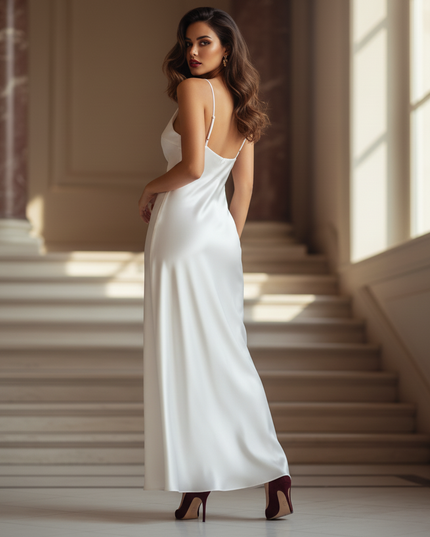 Satin Kleid - Satinkleid Lang Weiss - Maxikleid Satin V-Ausschnitt - Ansicht 2