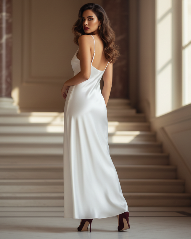 Satin Kleid - Satinkleid Lang Weiss - Maxikleid Satin V-Ausschnitt - Ansicht 2