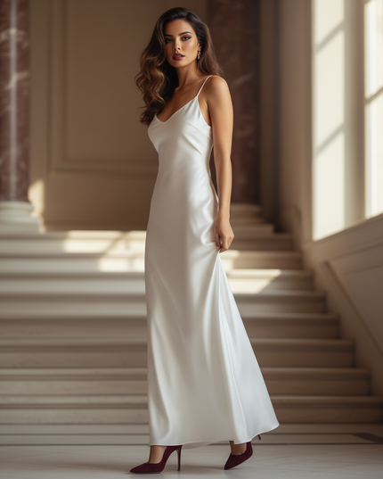 Satin Kleid - Satinkleid Lang Weiss - Maxikleid Satin V-Ausschnitt - Ansicht 3