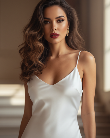 Satin Kleid - Satinkleid Lang Weiss - Maxikleid Satin V-Ausschnitt - Ansicht 4