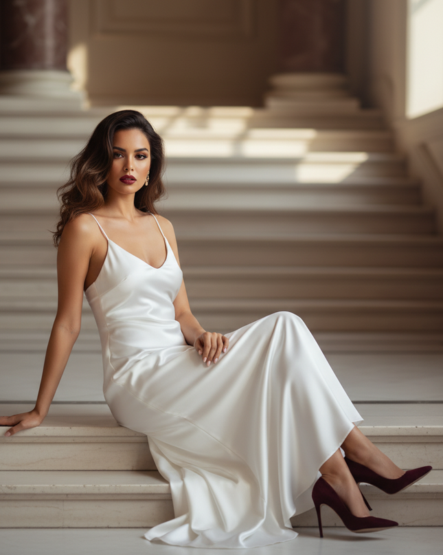 Satin Kleid - Satinkleid Lang Weiss - Maxikleid Satin V-Ausschnitt - Ansicht 5